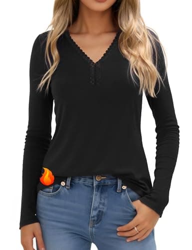 Crewhpo Camiseta Térmica Mujer Manga Larga Algodón Camiseta Interior con Encaje Cuello en V Camisetas Termicas Básica Top Ropa Termica Invierno