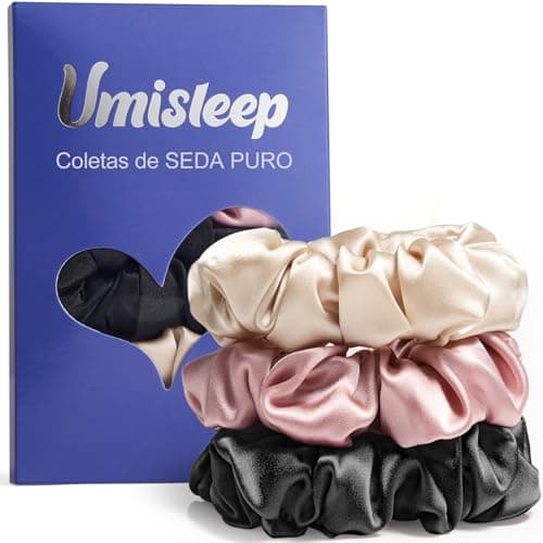 Umisleep Gomas De Pelo 22 Momme 100% Seda De Morera Coleteros Pelo Para Mujer, Scrunchies Elásticas, Suaves Y Durables -3 Pack (Rosa, Negro,Champán)