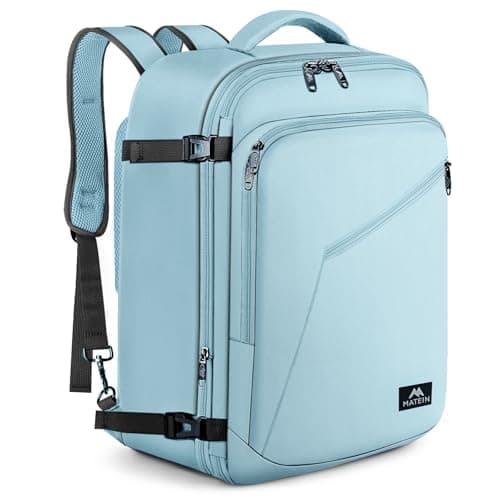 MATEIN Mochila Viaje Cabina Avion 55x35x25, Mochila Cabina Avion Hombre y Mujer para Air Europa, Travel Backpack Grande 50l Expandible Impermeable Multifuncional para Viajes de Negocios, Azul Claro