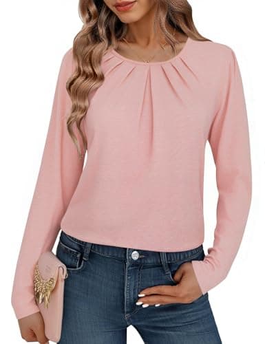 Totatuit Top Mujer Básico Cuello Redondo Plisado Manga Larga Algodón Suave Confort Estilo Moderno Otoño Invierno Rosa，M