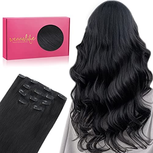 WENNALIFE Extensiones de Clip natural Pelo, 35cm 75g 5 Piezas Negro Azabache Remy Cabello Humano
