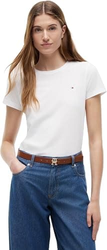 Tommy Hilfiger Camiseta de Manga Corta Mujer Heritage con Cuello Redondo, Blanco (Classic White), M