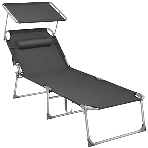 SONGMICS Tumbona Plegable Grande 200 x 71 x 38 cm, Capacidad de Carga 150 kg, con Parasol y Respaldo Ajustable, para jardín, Piscina, terraza, Gris Oscuro GCB22GYV2
