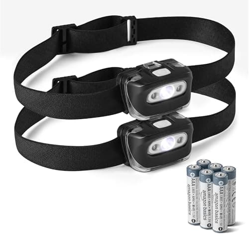 Amazon Basics Linterna Frontal LED con 7 Modos de Luz - Luz Frontal Ajustable para Camping con Luz Roja de Seguridad - Linterna de Cabeza Resistente al Agua - Pilas Incluidas - Negro - Pack de 2