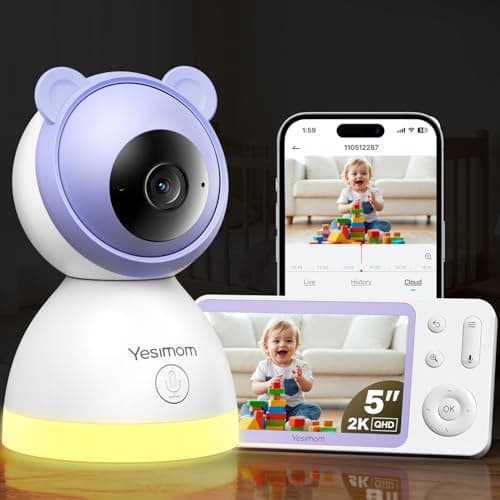 YESIMOM Camara Vigilancia Bebe 2K 3MP con 5" Monitor Portatil, Vigilabebes App Remota, 360° Visión Nocturna 940nm sin Luz Roja, Detección de Llanto,Recordatorio Alimentación, Sin Suscripción