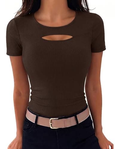 Aottori Tops Verano Mujer Camiseta Básica Manga Corta Cuello Redondo Acanalada Camiseta Corte Cut out Ajustado Estirado Top Pullover Tunica Marrón S