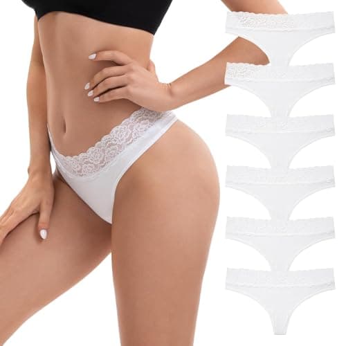 INNERSY Tangas Mujer Algodon Blancos Bragas Tanga Cintura Media Ropa Interior Encaje Pack de 6 (L, 6 Blanco)