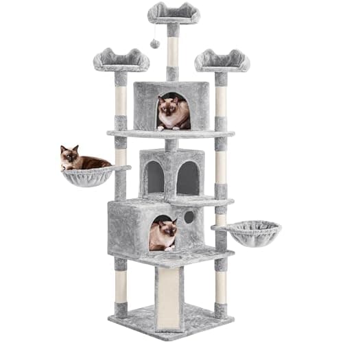 Yaheetech Árbol rascador para Gatos de aglomerado y Cuerda de sisal con 3 casetas de rampa y cestas multinivel, Altura 194 cm, Gris Claro