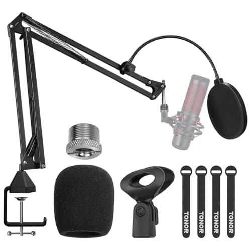 TONOR Soporte de Micrófono ajustable con filtro pop, Brazo de micrófono, abrazadera resistente mejorada para Podcast/Streaming/Estudio Grabación, Adaptador 3/8" a 5/8", 35 cm +35 cm, T20