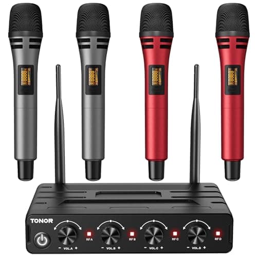 TONOR Microfono Inalambrico, 4x5 Canal UHF Micro, Micrófono Dinámico de Mano con Receptor, Multiset Operación, 60m Ideal para Karaoke Canto, Boda, Iglesia, reunión, Plata, PA, Amplificador, Rojo