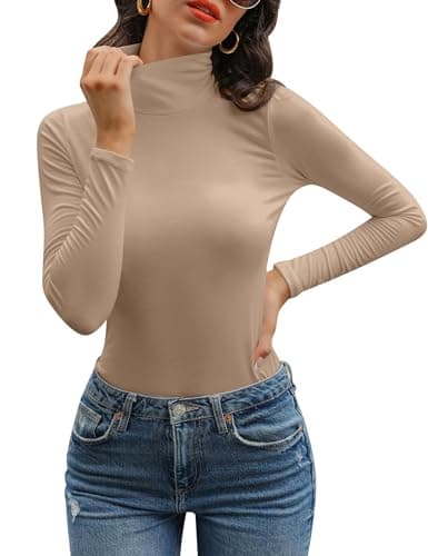 Aottori Camiseta Cuello Alto Mujer Manga Larga Básica Tops Elegante Algodón Cuello Vuelto Ropa Interior Ajustado Elástico Liso Ligero Túnica Shirts Caqui M