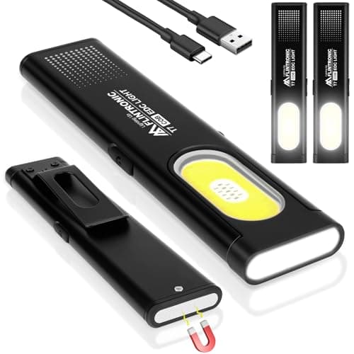 Flintronic 2PCS Linterna LED Recargable, Luz de Trabajo Lámpara de Taller COB Recargable, Linterna Taller con Base Magnética y Clip, 450 Lumenes, 6 Modos de Luz, para Tall-er Cámping Emergencia, Negro