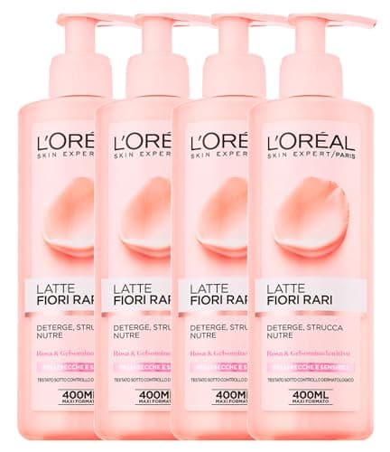 L'Oréal Paris Skin Expert Leche de Limpieza Facial Flores Delicadas Pieles Sensibles y Secas con Rosa y Jazmín Fórmula Suave Limpiadora Nutritiva Desmaquillante Ligera Delicada - 4 Botellas de 400ml