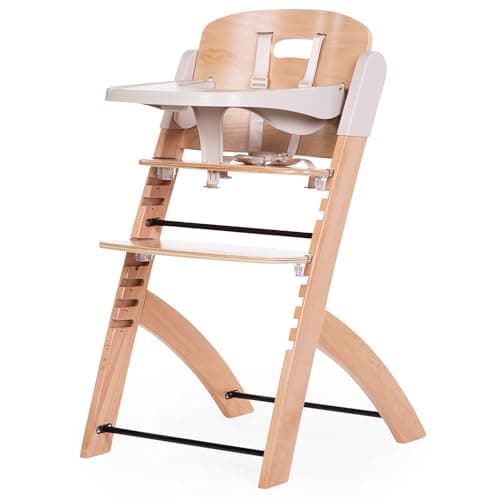 CHILDHOME, Trona Evolutiva : De 0 meses a 85KG, Tableta incluida, Madera de haya, Barra antivuelco, Arnés de seguridad de 5 puntos, Tornillos invisibles, Evosit Natural Beige