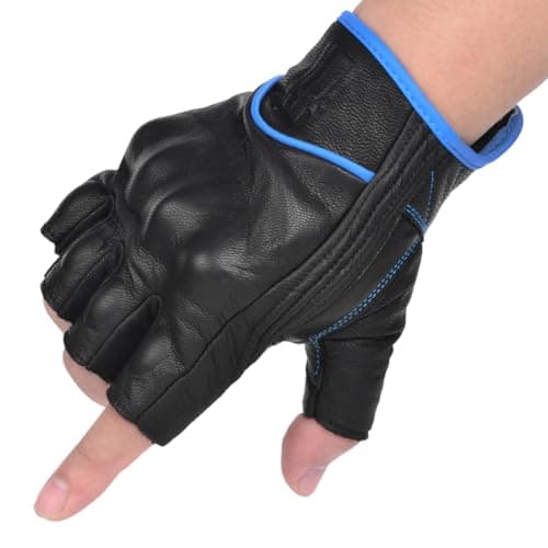 Harssidanzar Guantes de Motocicleta de Cuero de Piel de Cabra sin Dedos para Hombre GM037EU, Negro/Azul, Talla M
