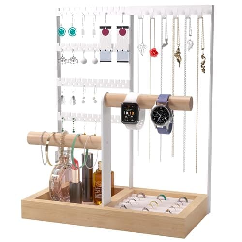 Benxdara Soporte Para Joyas, Organizador y Expositor de Joyas de 4 Niveles con Bandeja, Organizador Pendientes Soporte de Exhibición para Collares, Pendientes, Anillos, Pulseras, Blancanieves