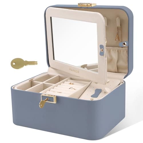 KAMIER Joyero,caja organizadora de joyas de cuero sintético de 2 capas,gran capacidad,doble cerradura y espejo grande,ganchos de collar ocultos,separadores extraíbles,embalaje de caja de regalo