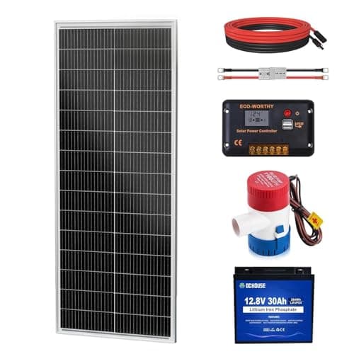 DCHOUSE Bomba de achique de 1100 GPH, 12 V CC, panel solar de 100 W, batería de 30 Ah, regulador de carga solar de 20 A, cable de batería de 50 A para estanques, piscinas, barcos de pesca y caravanas