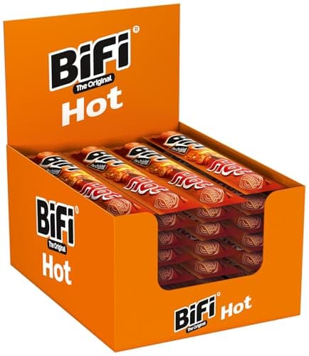 BiFi Original Tiras de salami picante, paquete de 40, 40 x 20 g, salchichón desecado para comer sobre la marcha, al aire libre, pimienta, cilantro y ajo, caja óptima para aperitivos