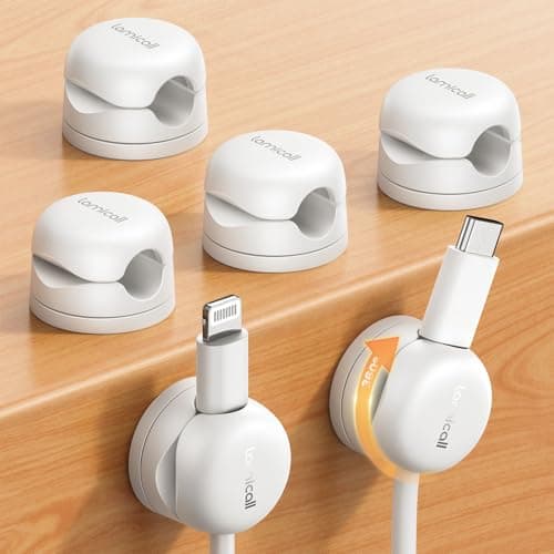 Lamicall [6 Piezas] Clip de Cable de Resorte - [360° Rotación Mejorado] Organizador Cable Autoadhesivo Sin Residuos, Clip Cable para HDMI, USB, PC, TV, Hogar, Cocinas, Oficina, (8mm) - Blanco