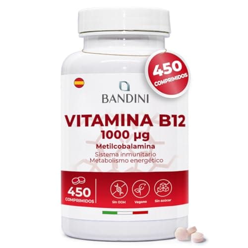 Bandini® Vitamina B12 1.000mcg 450 Comprimidos Veganos (+14 Meses), Metilcobalamina pura 1000µg, Vitaminas B 12 Reduce Cansancio y Fatiga, Contribuye al Funcionamiento Normal del Sistema Inmunológico
