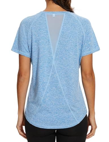 Gyabnw Camiseta Deportiva para Mujer Camisetas de Gimnasia Espalda Malla Ajuste Holgado Yoga Camiseta para Correr Ligera Que Absorbe la Humedad Cuello Redondo Manga Corta para Damas
