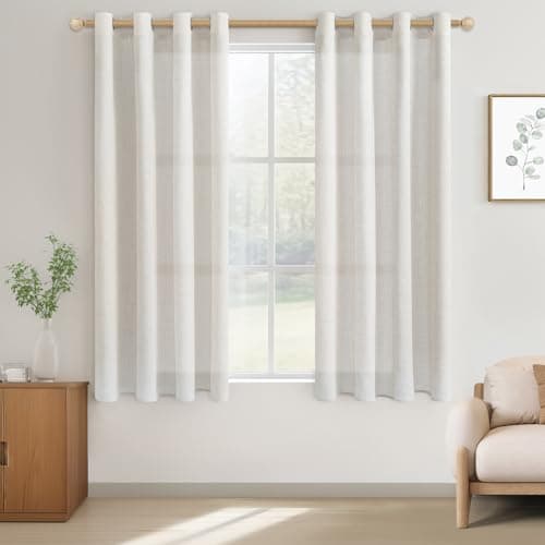 CUTEWIND Cortinas Cortas Lino para Ventanas 140x137 CM Cortina Dormitorio Juvenil Translucida 2 Piezas Cortinas y Visillos con Ojales para Salon Comedor Habitacion, Blanco Marfil
