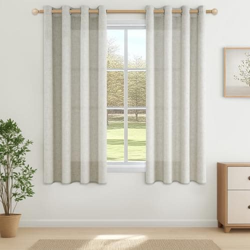 CUTEWIND Cortinas Dormitorio Cortas Lino Natural Rusticas 2 Piezas 140x137 CM, Cortina Visillo Corta Translucida con Ojales para Ventana Salon Comedor Habitacion Cocina