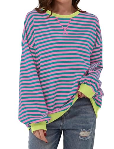 DUOEASE Sudadera Mujer Sin Capucha Otoño Cuello Redondo Jersey Rayas Casual Oversize-GreenPinkYellow-L