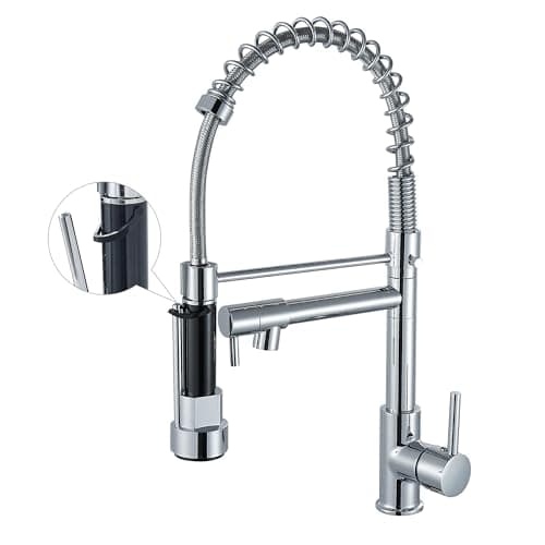 Grifo de cocina con rociador desplegable de arco alto, grifo de fregadero de cocina con resorte de una sola manija, cromo brillante