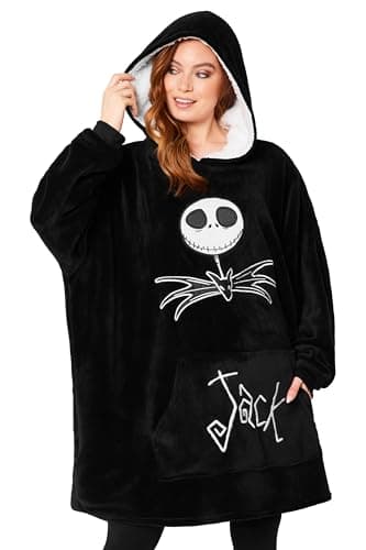 Disney Sudaderas Mujer, Stitch Batamanta de Forro Polar Mujer, Evil Queen Poncho Sudadera Manta Oversize con Capucha (Negro Jack Skellington)