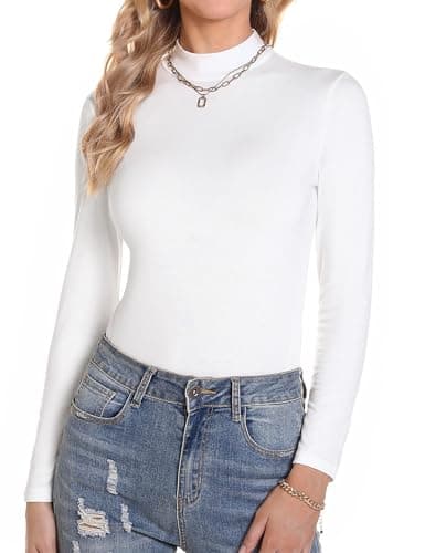 Aottori Camiseta Cuello Alto Blanco Mujer Camisetas Manga Larga Ropa Interior Jersey Algodon con Cuello Vuelto Invierno Slim Fit Basica Termica Top Blanco XS