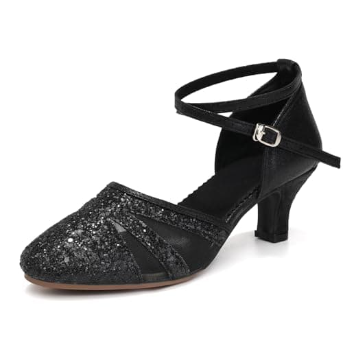 HIPPOSEUS Zapatos de Baile Latino Mujer 5 cm Tacon Bajo Negro Lentejuelas de Salón Cerrados Salsa y Bachata Tango Calzado para Bailar, 35 EU