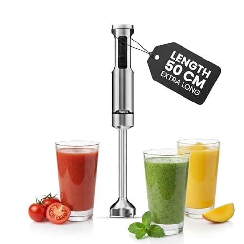 Princess Batidora de Mano de Acero Inoxidable Prof XXL, 1500W, Brazo Extra Largo 50 cm, 5 Velocidades + Turbo, 4 Cuchillas, Vaso con Tapa Antideslizante, Apta Lavavajillas, 221233