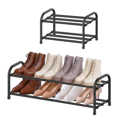 MIKVOYO Zapatero Bajo Extensible de 2 Niveles, Zapatero Pequeño para Entrada, Metálico Negro, Ideal para Estrecho Recibidor, Exterior, Armarios Interior, Pasillo, Dormitorio