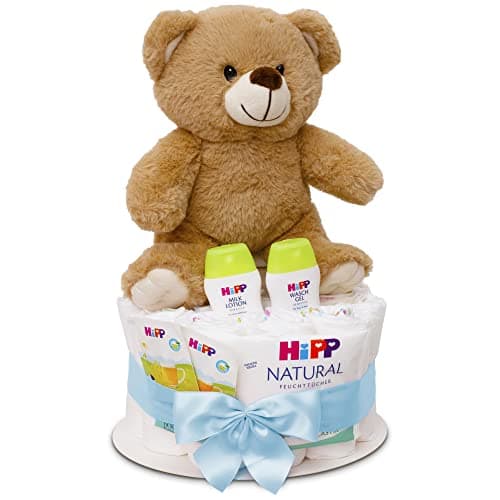 MilaBoo Tarta de pañales rosa para niña con oso de peluche grande I Regalo para recién nacidos con pañales y productos de Hipp I Regalo personal para el nacimiento