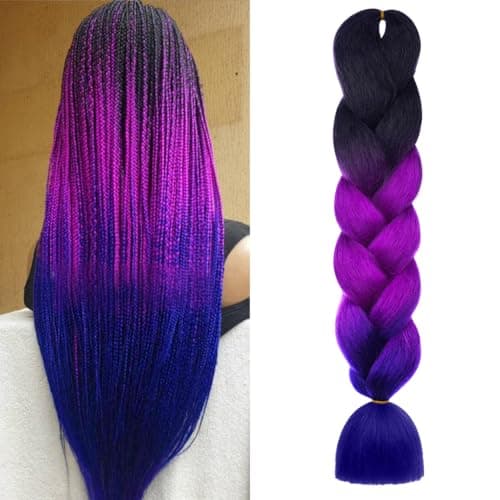 Aomig Extensiones para Trenzas, 24" Pelo Sintético Africanas, Color Degradado Trenza Postiza Sintética para Cabello Trenzado Torcido, Negro/Rojo Violeta/Azul