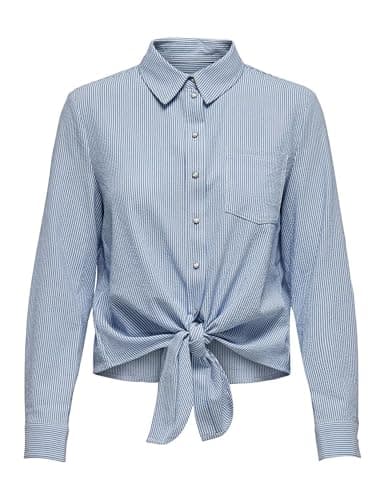 ONLY ONLLECEY LS Stripe Knot DNM Shirt Noos Blusas, Cloud Dancer/Stripes:Medium Blue, M para Mujer