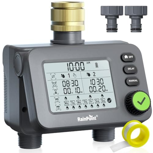 RAINPOINT Programador Riego 2 Salidas, Entrada de Latón, Temporizador de riego Automatico con retardo de Lluvia/Modo automático y Manual, Pantalla Grande LCD Sistema de Riego para jardín, césped