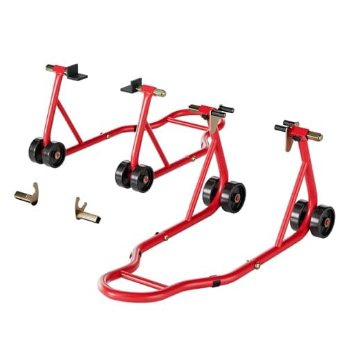 SPECSTAR Soportes para Motocicleta, Capacidad de 400kg Elevador de Ruedas Delanteras y Traseras con Bobina de Basculante Ajustable en U+L Caballete de Paddock Resistente