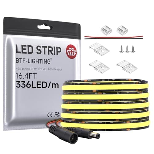 BTF-LIGHTING FCOB COB Tira LED Monocolor Flexible de Alta Densidad Blanco Natural 4000K DC12V 5M 336LEDs/M 8W/M 8mm Negro PCB LED Regulable IP30 NO Impermeable para Decoración Interior(Tira Solo)