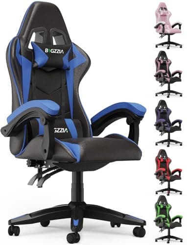 bigzzia Silla Gaming,Silla Ergonómica de Oficina en Cuero PU,Regulable en Altura con Soporte Lumbar y Reposacabezas,Respaldo Reclinable 155°,Silla Gamer Adulto Niño(Azul)
