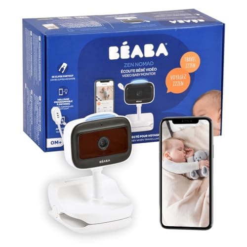 BÉABA, Babyphone Vigilabebés Vídeo con Clip, Nomad, Visión Nocturna, App Móvil, Luz Nocturna Multicolor, Walkie Talkie, Canciones Cuna, Termómetro, Control Humedad, Batería 6h, Zen Nomad Blanco