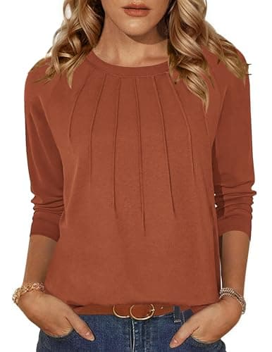 Zeagoo Camiseta de manga larga para mujer, cuello redondo, informal, plisada, parte superior, monocolor, básica, otoño, túnica, tallas S-XXL, caramelo, S