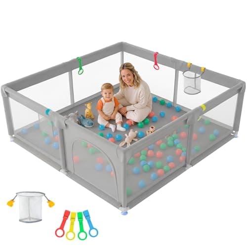 JUPPLIES Parque Infantil Bebe 120x120cm con Agarraderas y Canasta - Corralito Bebe con Malla Transpirable (Gris - Sin Pelotas)