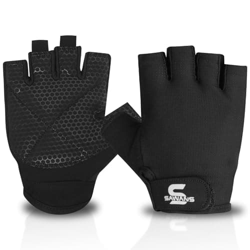 SAWANS Guantes de gimnasia para hombre y mujer, transpirables, antideslizantes, acolchados en silicona, protección de la palma, ejercicio de entrenamiento, medio dedo, tracción, mancuernas (Negro, L)
