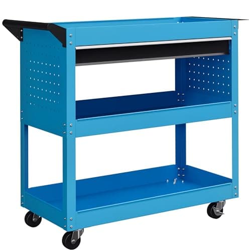 DURHAND Carro de Taller, Carro de Herramientas con 3 Bandejas, Cajón, Panel Lateral Perforado, Asa Lateral, Ruedas con Frenos, para Garaje Mecánico, Hogar, Azul