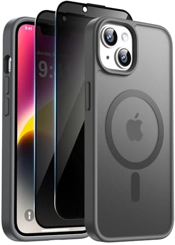 Helssitot Funda Magnétique para iPhone 13 / iPhone 14 6.1 Pulgadas con 2 Protector Pantalla de Privacidad [Protección Militar] Antideslizante Carcasa Parte Translúcido Mate Antiarañazos, Gris