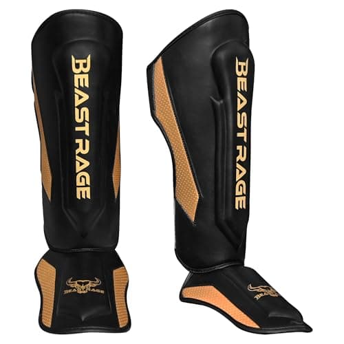 BEAST RAGE Protección de espinillas para Kickboxing, Muay Thai, Artes Marciales, MMA con protección del tobillo, equipo de entrenamiento MMA, equipo de entrenamiento Sparring, BJJ, karate (Dorado, M)