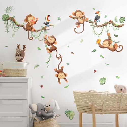 Calcomanías de pared de árbol trepador de monos, calcomanías de pared de animales de la selva, hojas de vid, calcomanías de pared para habitación de bebé, habitación de niños, sala de estar,